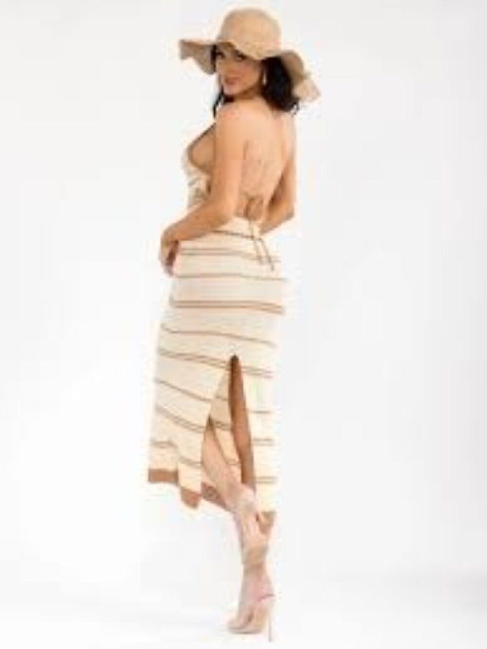 Beige Botany Women’s Striped Crochet Halter Maxi Dress Size S